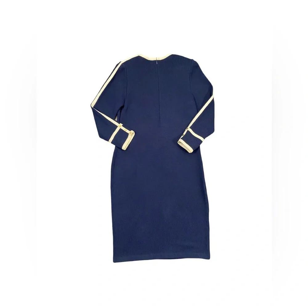ST JOHN Navy Long Sleeve Dress with White Trim and Gold Button Detail - Picture 11 of 11